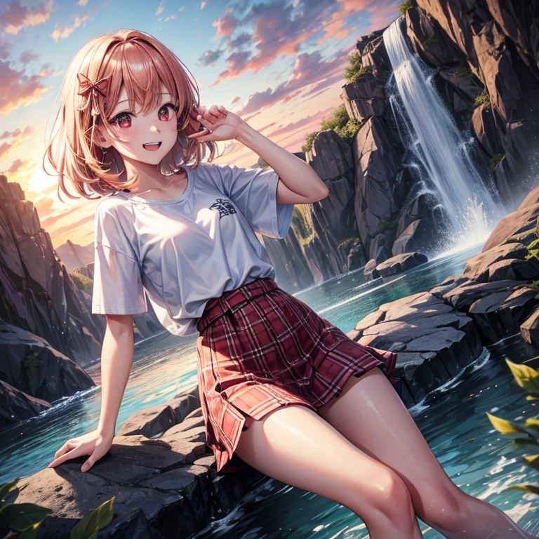 Pink gold golden hair、Red eyes、One good looking girl、solo、anime、Checkered mini skirt、The skirt has buttons、Blue camisole、White T-shirt、Jin、Wearing a ribbon、Ribbon on waist、Tilting face、Teeth are visible、waterfall、waterfallの裏側、tunnel、Sunset sky、I have a single-lens reflex camera