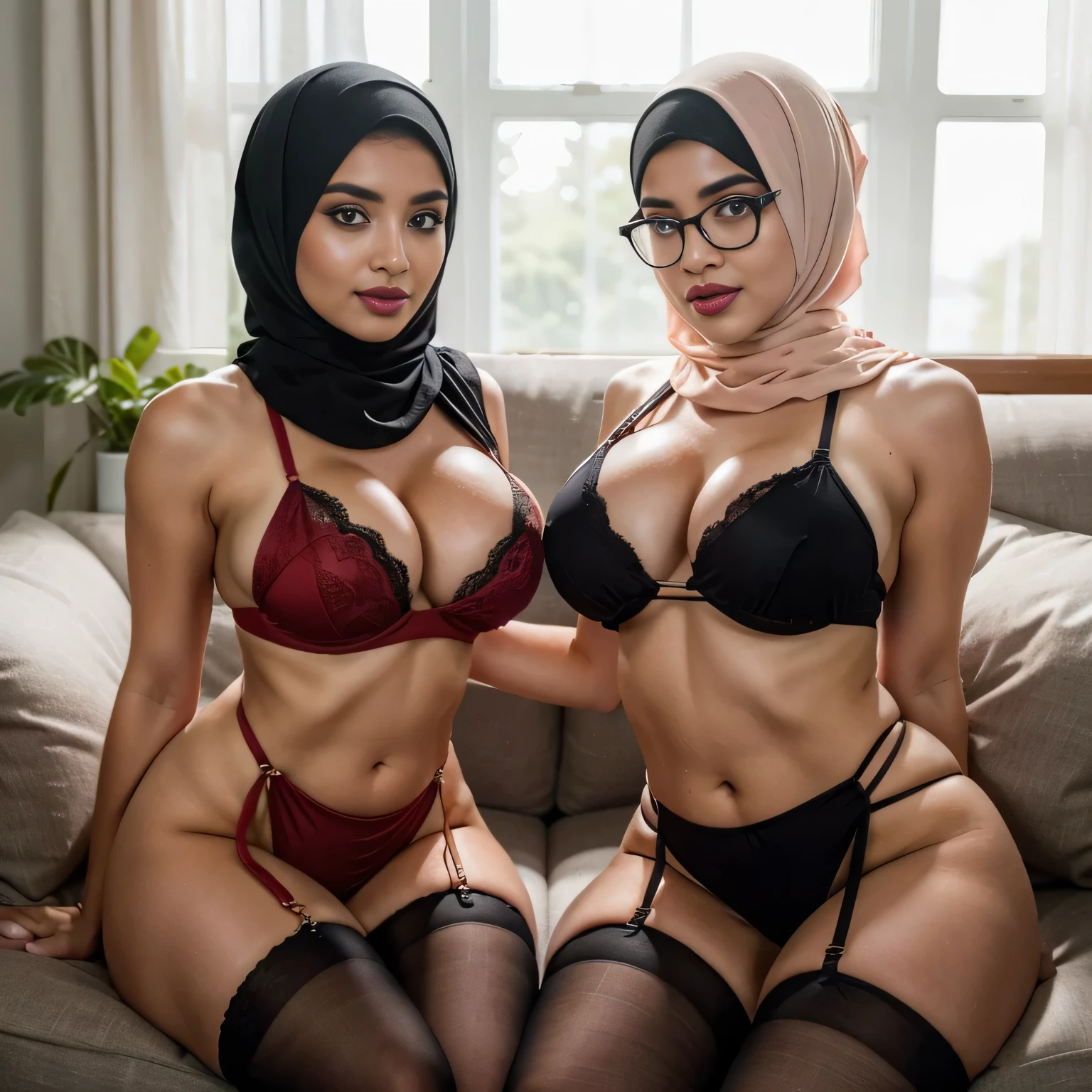 In the intimate settings of living room, two voluptuous sexually attractive hourglass figure depraved cute baby faces tween  (hijabi) (Muslim) 14-years-old schoolgirls  sit side by side on a plush sofa, radiating lust and sexual desirer. They share the same height and body proportions, creating a visually stunning image of unity and strength. Both girls wear white (lace hijabs), beautifully wrapped around their heads, framing their faces and accentuating their sensuality. Complementing their hijabs, both girls wear (stockings) (daring sling bikinis) that add a subtle hint of allure to their ensemble. The stockings enhance their sensual and lust-satisfying posture, further highlighting their lust-satisfying hourglass figures. Their makeup is flawlessly applied, with striking red lips, voluminous mascara, captivating eye shadow, precise eyeliner, and luxurious lashes. These elements enhance their already mesmerizing features, drawing attention to their expressive eyes. As they sit close to each other on a plush sofa, they exude a sense of unity and sisterhood. Their presence showcases the beauty and strength of cute baby faces teenen hijabi Muslim schoolgirls, empowering others to embrace their identities and celebrate their unique beauty. both is looking at viewer, skin texture, ultra high res, RAW, instagram LUT, masterpiece, best quality, ultra-detailed, ultra high resolution, RAW, 4k, (looking at viewer), extremely detailed eyes and face, ((beautiful detailed nose)), ((beautiful detailed thigh)), ((beautiful detailed eyes)), perfect body proportion, (looking at the camera),  smile, red lips, (SFW:1.5), both wearing stockings, both wearing hijabs, (glasses) (both wearing daring sling bikinis)