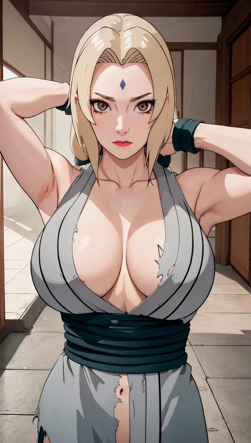 (masterpiece, highest quality:1.2), alone, One Girl, Tsunade Defense, Forehead mark, View your audience,((Embarrassed face、Arms behind head、Both armpits are fully visible、Torn clothes))、Green haori, Gray kimono, sash, pants 、Upper body close-up、Close-up of a person、Beautiful girl with beautiful details, very cute, Beautiful girl with beautiful details, professional photography lighting, Highly detailed eyes and face, Beautiful eyes in every detail、Beautiful detailed hair, Beautiful and exquisite cold face、