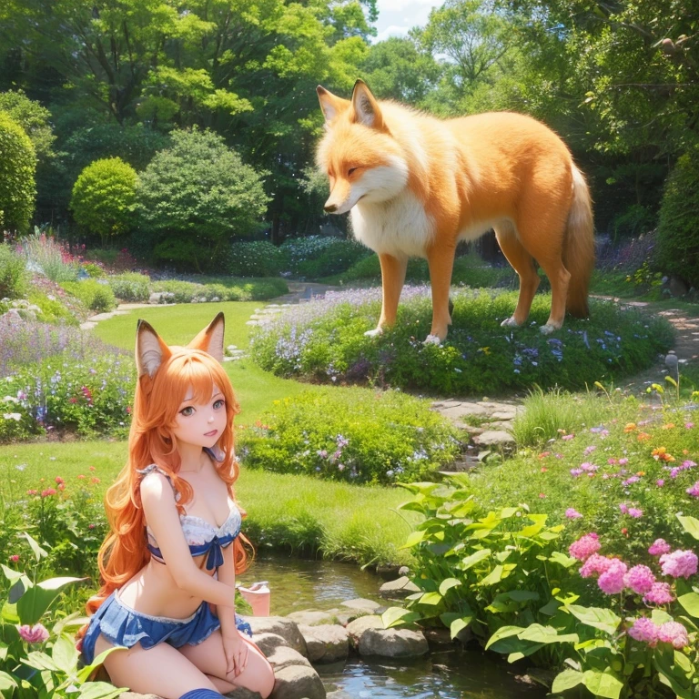 (best quality,4k,8k,highres,masterpiece:1.2),ultra-detailed,(realistic,photorealistic,photo-realistic:1.37),cute,solo girl with orange long wavy hair,blue eyes,fox ears,fluffy fox tail,summer time in Japan,beautiful garden scenery,lush greenery,colorful