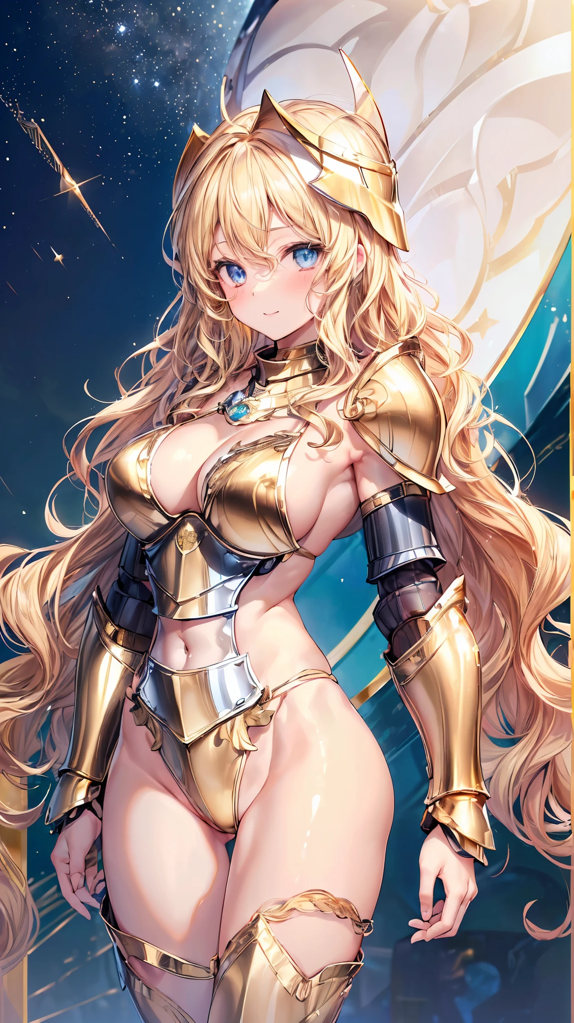 (Adult women:1.5)、Very detailed、highest quality、Best image quality、masterpiece、8k、Anime Face、A kind smile、Open your mouth、Sparkling blue eyes、(Blonde Wavy Hair:1.5)、、Muscles of the whole body、T-back thong、Thigh belt、(Wearing gold bikini armor:1.5)、(Cowboy Shot:1.5)、(Leg armor:1.5)、(Wearing a helmet:1.5)