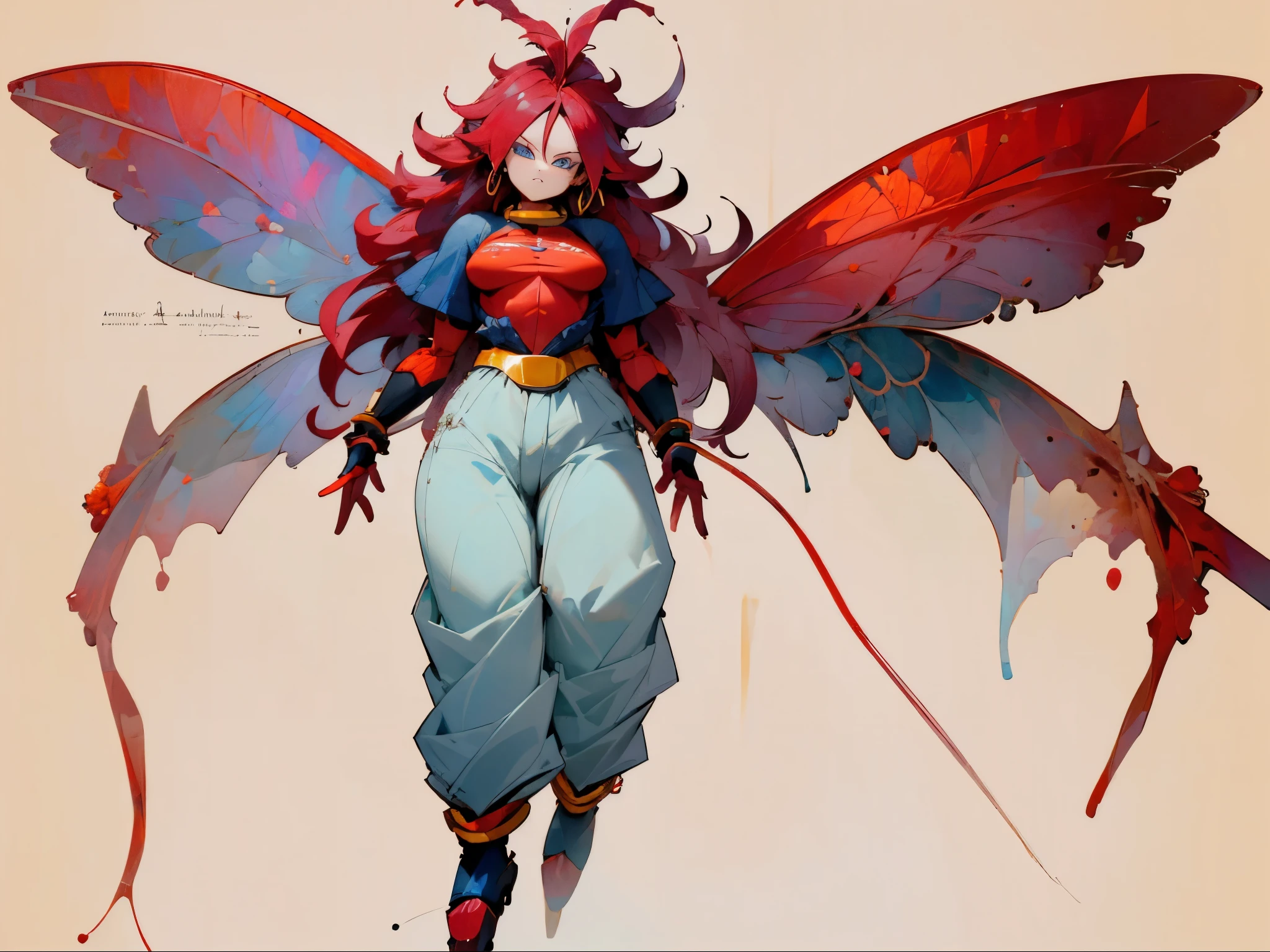 (((Good Quality))), (((High quality))), Blue Eyes, Red Hair, Long hair to the waist, Black Baggy Jeans, Style Dragon Ball, Red Skin, Robotic Body, Robotic Skin, Red Body, Butterfly wings, Butterfly wings behind the back, Red butterfly wings