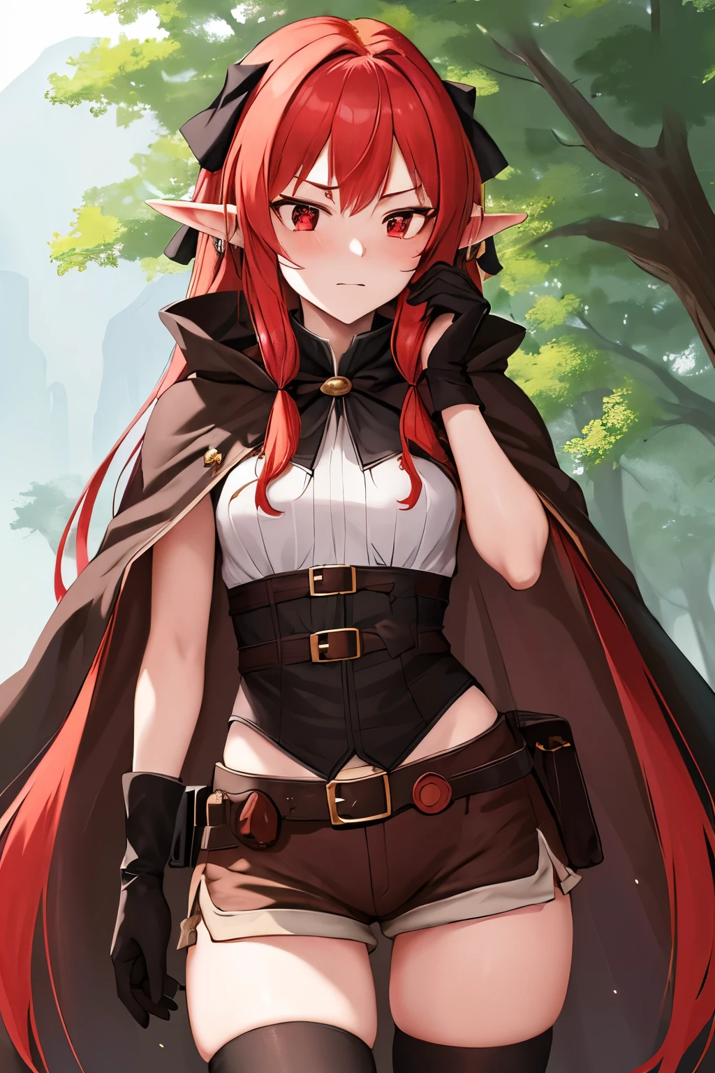 masterpiece, Best Quality, height resolution, 1girl in, elf, pointy ear, red hair, Long hair, side locks, Hair Bow, Small breasts, cloaks, Red eye color, Black Gloves, Brown shorts, thighhighs, Short shorts, Black Clothes, Belt bag, embarrassed expression (SFW)