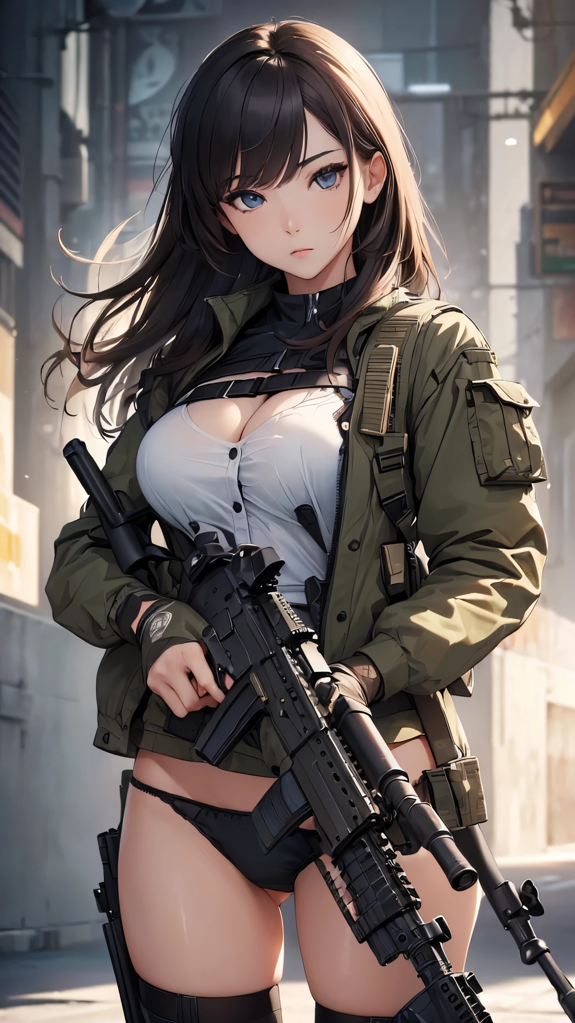 (((masterpiece))), (((High resolution)))、(((8K quality)))、(((perfect face)))、(((woman having a assault rifle))), ((panty)), look at the camera, ((top quality eyes)), (detailed face), (detailed texture)