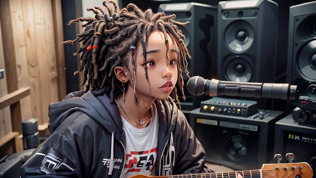 A black boy in urban clothes with small dreadlocks black skin Singing in large music studio, ((melhor qualidade)), ((obra de arte)), Rosto Perfeito, perfeito
