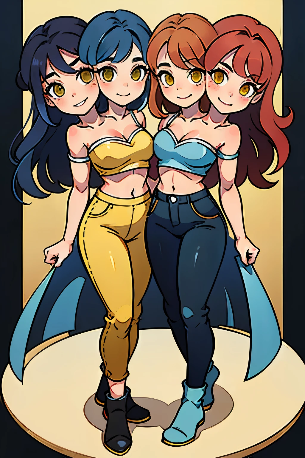 A colorful and energetic cartoon-inspired illustration capturing friends in a realistic style, radiating happiness as they wrap each other in a warm hug, with lively poses and vivid expressions