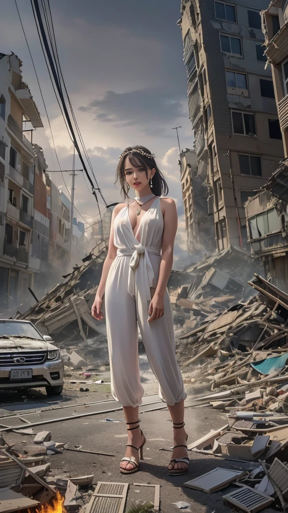 (16k, High resolution, highest quality, masterpiece, 超High resolution), ((Giantess Elements, From below)), Perfect dynamic composition:1.2, (Modern city at night), Highly detailed skin and facial textures:1.2, (Towering Giant Young Woman:1.0, taller than a skyscraper:1.0, 50,000 feet high:1.0, Incredibly slim body:1.0), smile, Fair skin, Sexy beauty, Very beautiful face, (近づいてくる女性をFrom below見上げる), (Wide leg jumpsuit), Shapely breasts, Chest gap, Big eyes that exude beautiful eroticism, Lips that exude beautiful eroticism, necklace, Earrings, bracelet, wedding ring, Shoulder bag, clock, ribbon, Trampling, Full body portrait, ((Destroy a small town, rubble, Burning Small Town, Destroyed small building, Collapsed highway, Cars are crushed, Evacuated residents)), (Big impact, Draw a woman in a big way, Increase the destructive element, Making cities smaller)