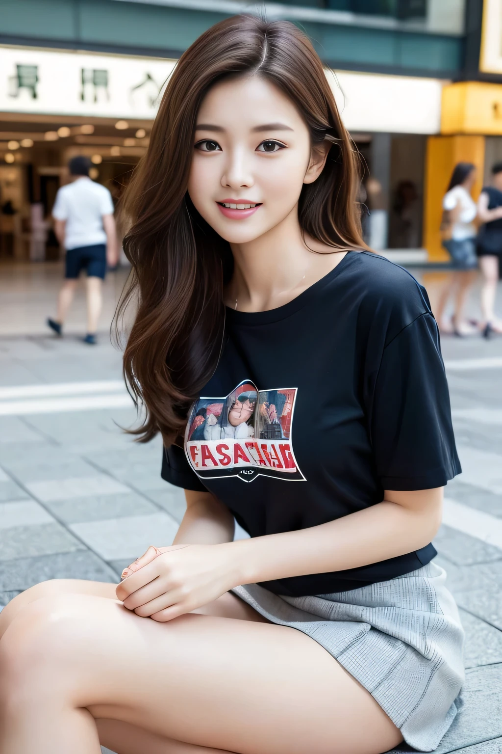 highest quality, Realistic, Super detailed, finely, High resolution, 8K Wallpaper, 1. Beautiful Women, Sharp focus, Detailed and realistic skin texture、Beautiful legs、Shopping mall、Chatting、happy expression、Wearing a T-shirt、Wearing a skirt with a slit