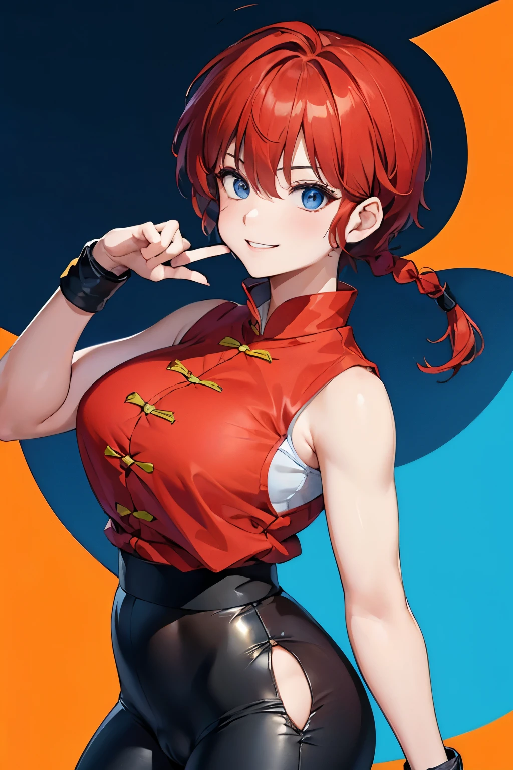 ((masterpiece)), high quality, very_high_resolution, large_filesize, full color, heavy outline, clear outline, colorful, (beautiful detailed eyes), (beautiful face:1.3), (boyish face:1.3), 1 girl, (femaleranma), (red hair), short hair, (braided ponytail), ((bangs)), bumpy bangs, blue-gray eyes, big breasts, curvy, black-wristbands, femaleranma, braided ponytail, chinese clothes, sleeveless, tangzhuang, black pants, cameltoe, standing, upper body, front view, smile