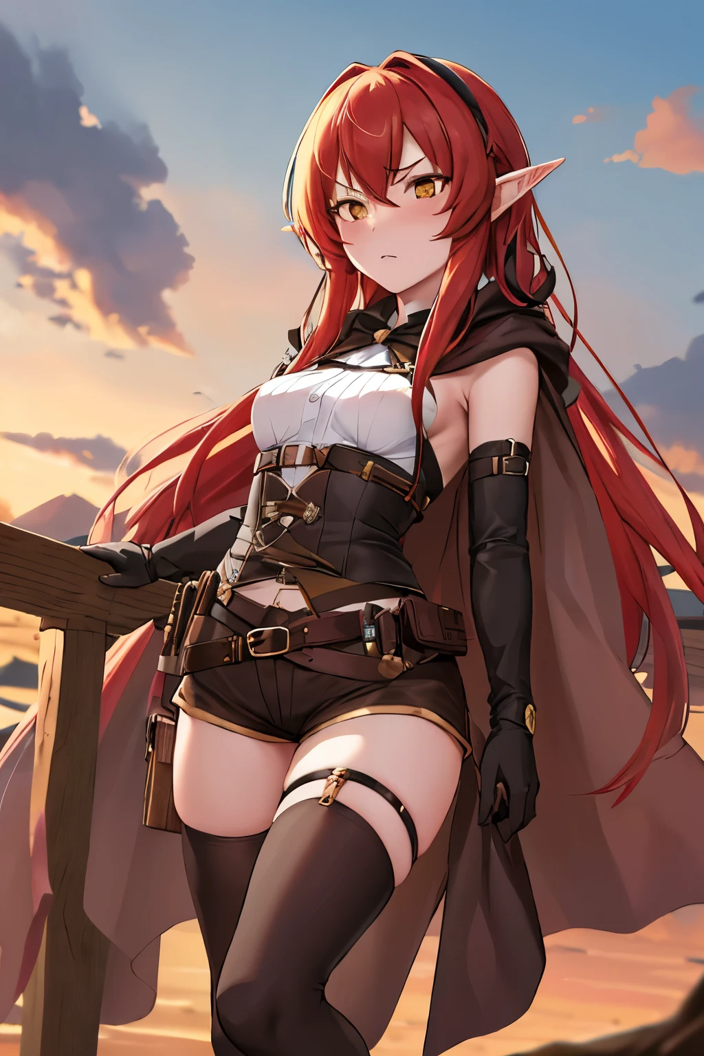 masterpiece, Best Quality, height resolution, 1girl in, elf, pointy ear, red hair, Long hair, side locks, Hair Bow, Small breasts, cloaks, golden yellow eye color, Black Gloves, Brown shorts, thighhighs, Short shorts, Black Clothes, Belt bag, embarrassed expression (SFW)