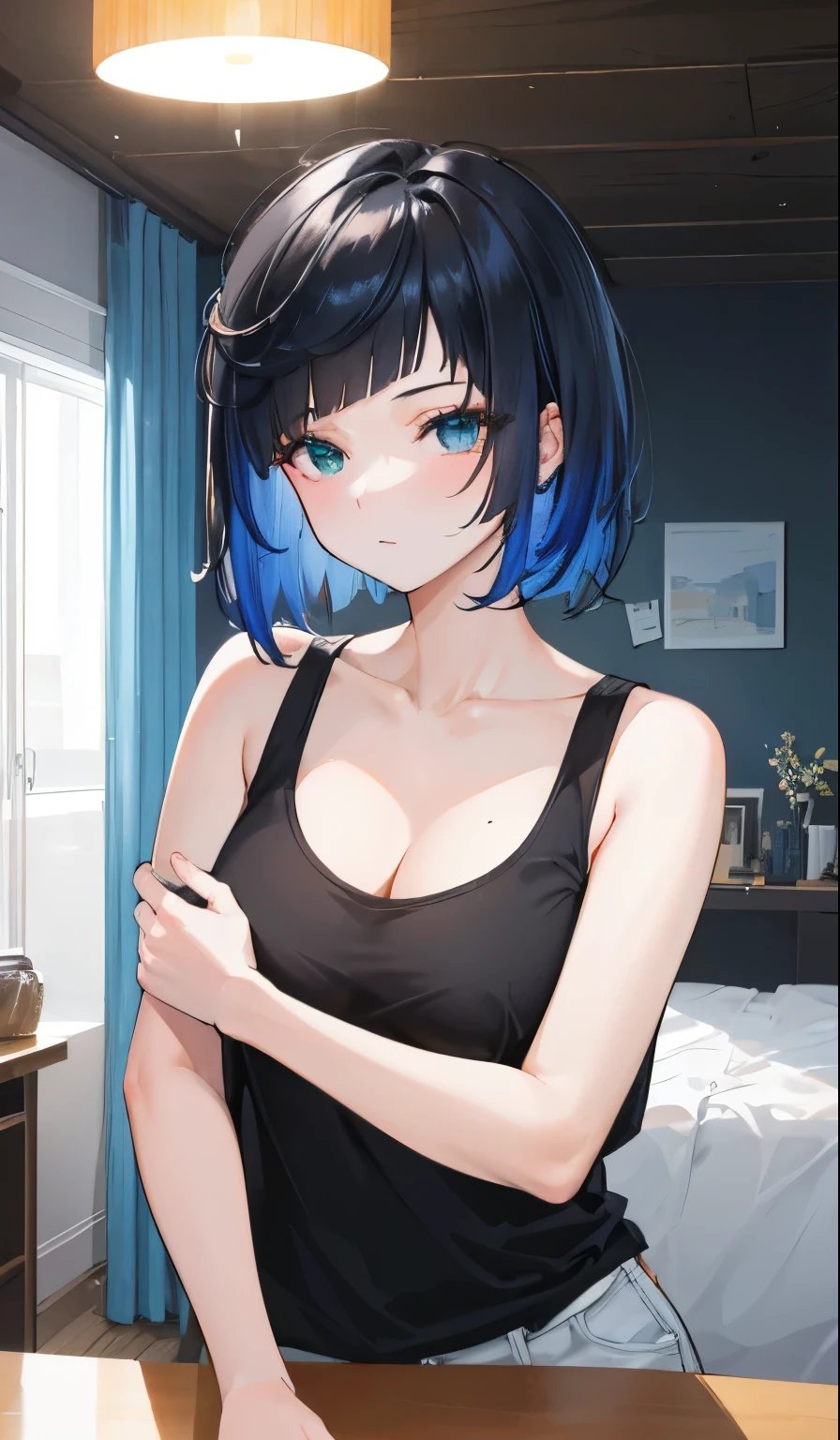 (Wallpaper,8k), (masterpiece, beautiful lighting, vibrant, best Quality), 1 woman, solo, short black hair, Messy hair , tank top, indoor, night