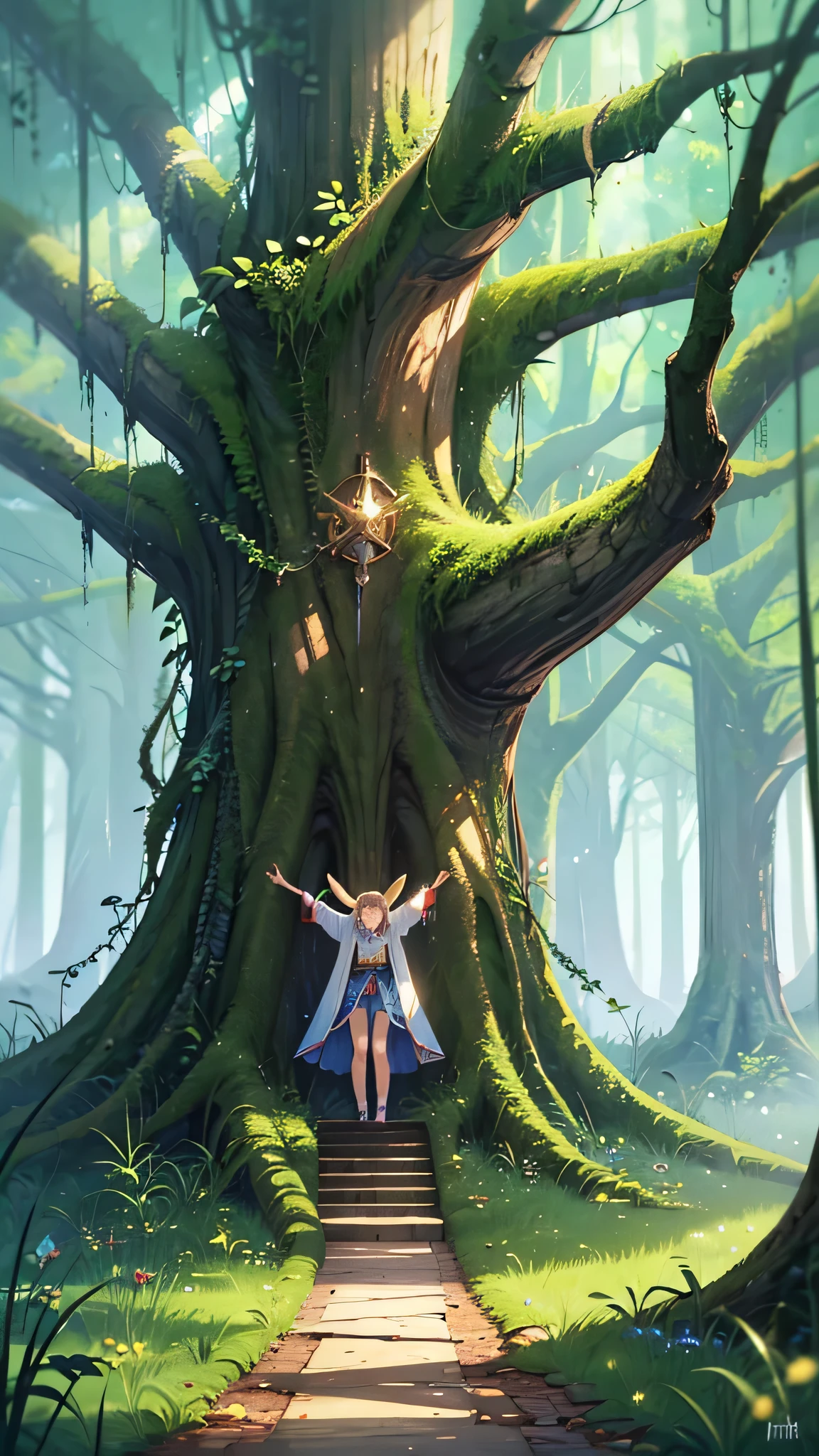 Ancient forest, It is expressed with very delicate and high-quality digital painting technology., Reach 8K resolution. This work、With its sharp focus、It&#39;s getting a lot of attention on the ArtStation website.。, Rich changes in light, Highly complex and detailed central structure. Inspired by artists like Lois van Baarle (Reusch), Ilya Kuvshinov, Studio Ghibli, The style of the website、The soft, watercolor-like colors capture the chibi-kawaii aesthetic.。.