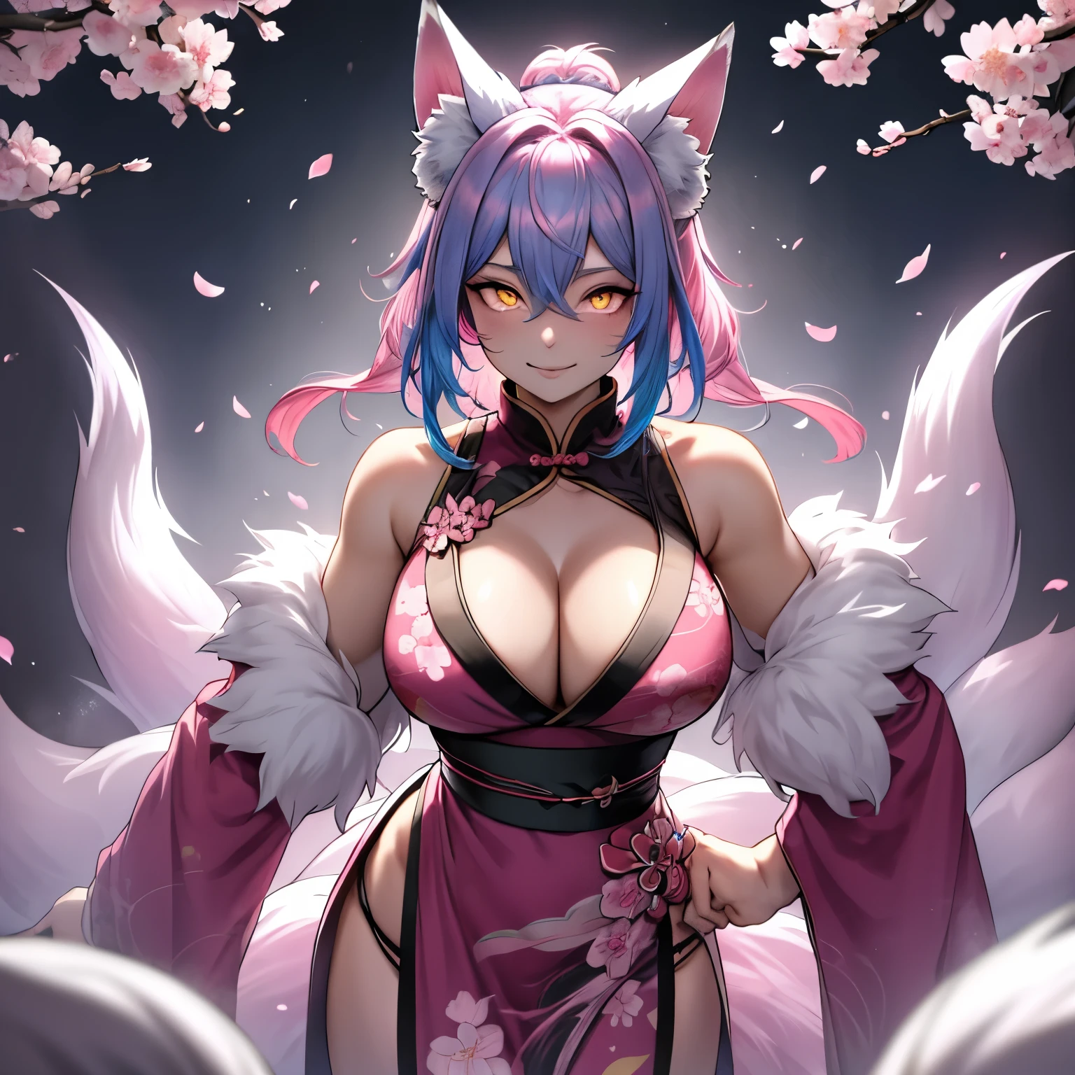(masterpiece:1.2),ultra-detailed,hazy lighting, vibrant colors, glowing eyes, female kitsune with fluffy fox ears, has multiple fox tails, has flowing pink hair with blue highlights, wearing a black and pink sakura themed chinese dress, surrounded by cherry blossom petals, feint aura, off kilter pov, has bright yellow eyes. deep v neck, showing cleavage, posing comfortably, solo, alone, action pose (SOLO)(ALONE) has blue hair