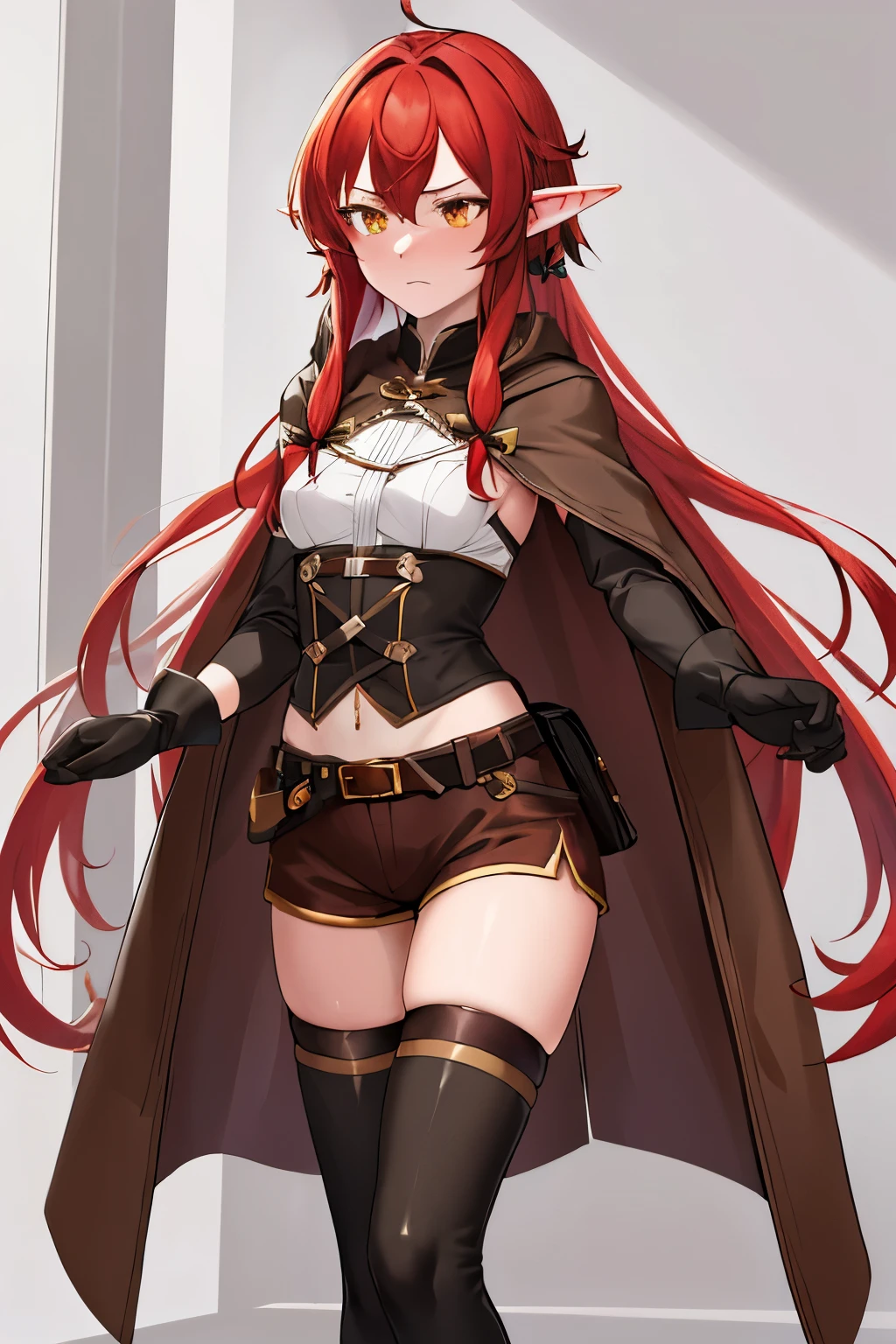 masterpiece, Best Quality, height resolution, 1girl in, elf, pointy ear, red hair, Long hair, side locks, Hair Bow, Small breasts, cloaks, golden yellow eye color, Black Gloves, Brown shorts, thighhighs, Short shorts, Black Clothes, Belt bag, embarrassed expression (SFW)