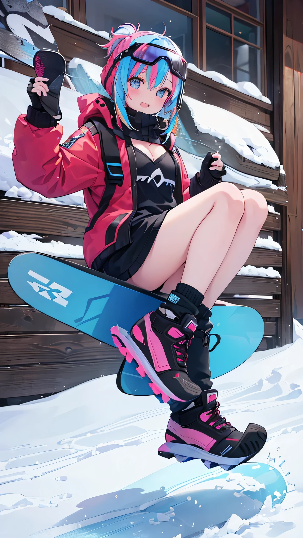 ((A young girl snowboarding))、(Multicolored Hair)、((Snowboard Clothing))、Cleavage、goggles、((Sigh))、Snowboard Shoes、In front of the log house、Footjob with one leg、((footjob)), ((eject cum)), 