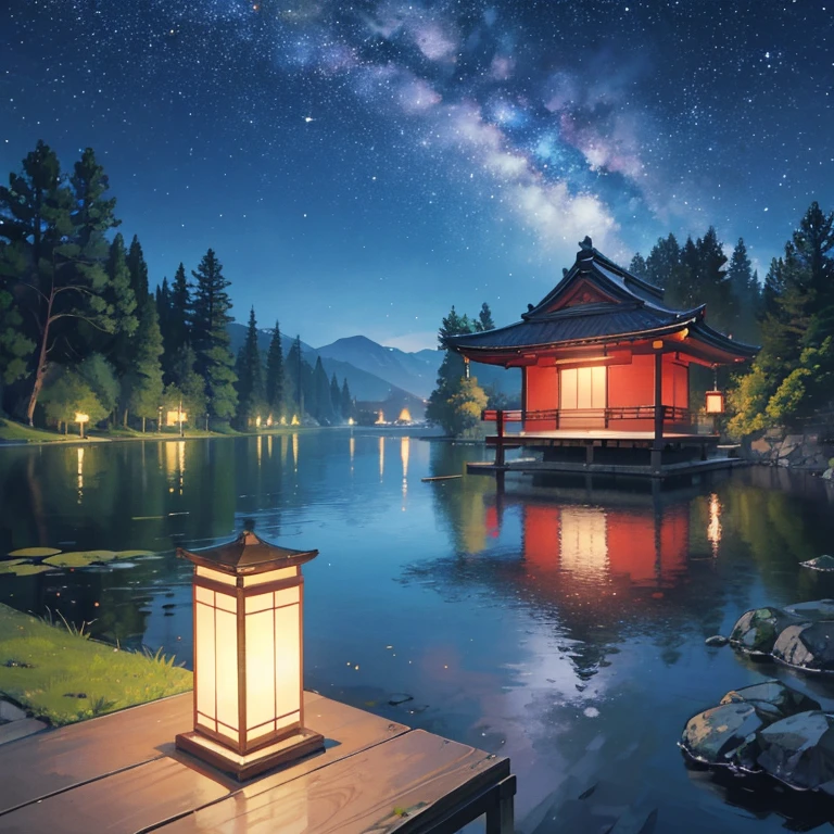 A nightscape inspired by Japanese art, with a garden lit by paper lanterns and a wooden bridge over a tranquil lake. The starry sky is reflected in the water, creating a magical environment. On the shore of the lake, there is a small Zen temple lit by candles, where people come to meditate. The leaves of the trees sway gently in the wind, creating a calm and tranquil atmosphere.