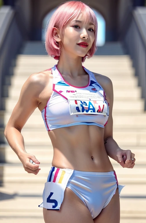 Athletics Stadium、blue sky、beautiful、Very detailed、Showing off your breasts、(Realistic, photo-Realistic:1.37),(8k, RAW Photos, highest quality, masterpiece:1.2), cute, boost mood,Dayu Seren,  とても繊細でbeautiful女の子,Very detailed, , Genuine, incredibly Absurd, Abstraction, snatch, very elaborate body, Sexy smile, young,20-year-old, Heart-shaped pupils,Physically Based Rendering, Ultra-high resolution, Kodak Vision Color, Filmed with an Aricam LT camera, Bokeh, Sharp focus,View your viewers,photoRealistic,Realistic, alone, photoRealistic, highest quality,Very detailed顔,Very detailed目と顔, beautiful細かい目,Absurd, incredibly Absurd,An unforgettable smile,Floating Hair, Flowing Hair, Pink Hair, ピンク iris, Two-tone hair, beautiful細い髪, 絶妙でbeautiful顔,, Clear Eyes, Soft lips, iris, Neck strap,, Very accurate and detailed, Absurd, Very CGI-like,Huge ,Huge breasts，Showing off your breasts,Showing off your breasts,Ultra Wide Angle,whole body