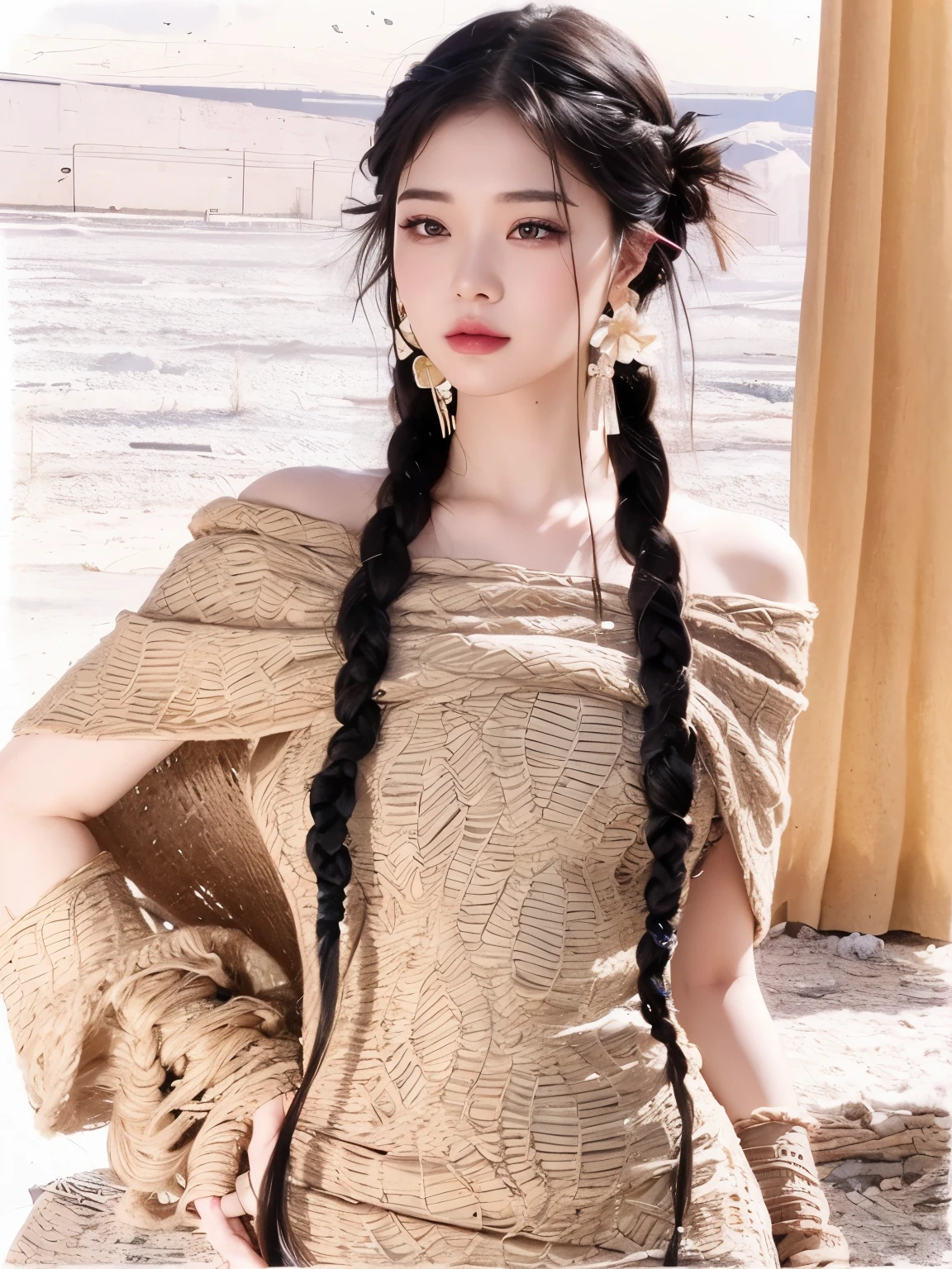 masterpiece, best quality, Arrafi woman，Long black hair，Wearing a brown dress, Long flowing braided hair, Braided hairstyle, Long braided black hair, guweiz, Long Dark Braided Hair, Long black braided hair, #11: Pixie Long Braided Brown Hair, With black braids, two Braided hairstyle, 