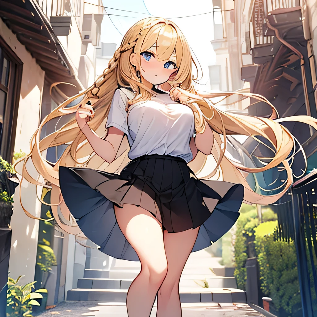 masterpiece、highest quality,Very detailed, Absurd beauty、1 beautiful girl、 (Long Hair、Braided hair、blonde、Ample breasts), Hair blowing in the wind、Keep your head small、whole body、Big eyes、Casual clothing、Summer clothes、Short skirt、Thin legs、whole body、shy
