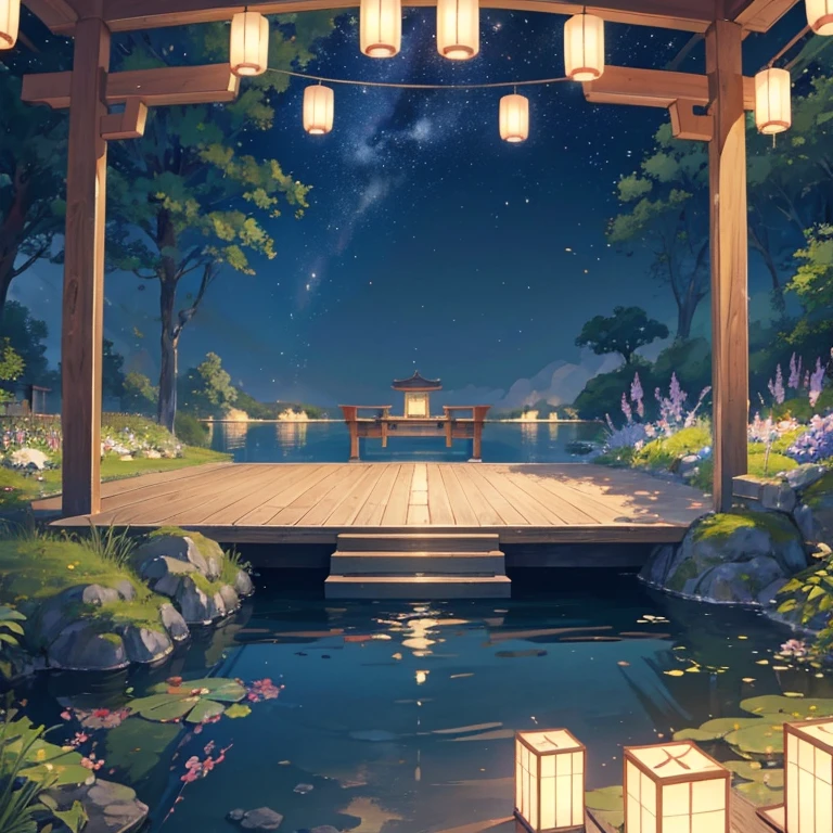 A nightscape inspired by Japanese art, with a garden lit by paper lanterns and a wooden bridge over a tranquil lake. The starry sky is reflected in the water, creating a magical environment. On the shore of the lake, there is a small Zen temple lit by candles, where people come to meditate. The leaves of the trees sway gently in the wind, creating a calm and tranquil atmosphere.