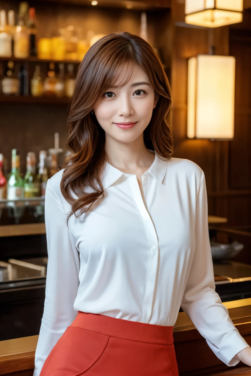 highest quality, Realistic, Surreal, Super quality, Highly detailed CG, Very delicate and beautiful, 8k wallpaper, High resolution, Modern city hotel bar, (Dim lighting), Classy Japan Woman, Age 37, ((whole body)), ((Stand facing us)), (White blouse), (Long skirt), (Red Skirt), Medium Hair, smile, Thin lips, slim, Small breasts, (Highly detailed face), (Ultra-detailed facial expressions)