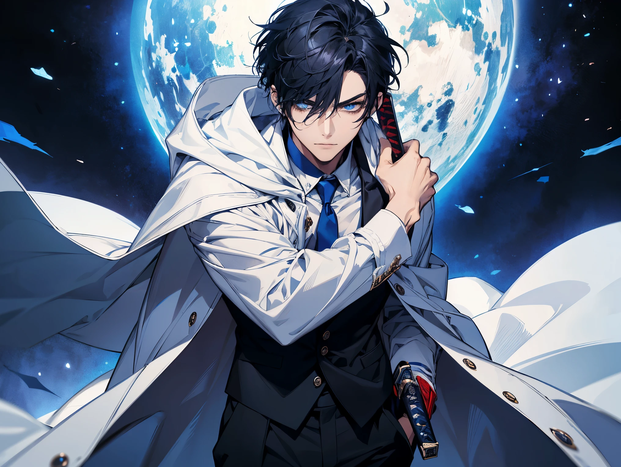 1 man, teacher, wearing white shirt, white cloak, black suit, black long pants, black hair, short hair, blue eyes, red tie, face to detail, detailed eyes, the background is a large blue galaxy, holding a futuristic blue katana