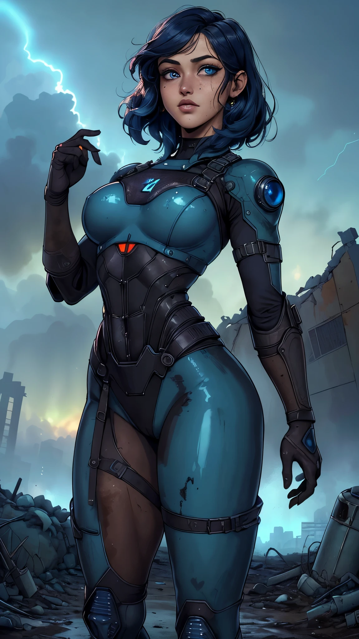 (La mejor calidad,A high resolution,Ultra - detallado,actual),Ella Purnell linda y nerd, (cabello negro corto :1.4),(Fallout Tight Latex Blue Suit ), pelo negro ondulado atado en una cola de caballo, (wearing a blue vault suit from Fallout 4 with lots of details and slits), Cara de alto detalle, Piel de alto detalle, seductive expression, cuerpo perfecto, proporciones perfectas, a nuclear wasteland background with scattered ruins, alta calidad, Obra maestra, foto realista, intrincadamente detallado, 8k, hdr, poca profundidad de campo, Luz amplia, alto contraste, Iluminar desde el fondo, Sharp focus, Foto en color crudo, mirando a la camara, colores frios, dynamic poses, (al estilo de Fallout 4:1.4) , (Detalles de la cara: 1.5) , (ojos azules, hermoso rostro, ojos bonitos:1.4 ) , Iris lining, labios delgados , delgado, pale and sharp eyebrows, Largo, dark eyelashes, double eyelashes),(Ella Purnell:1.4), (Ella Purnell V2.1), (Fallout V2.1), ,(Fondo de ruinas de mazmorra en ruinas:1.4 ),( Fallout :1.4),( fondo cayendo lluvia nublado :1.4)