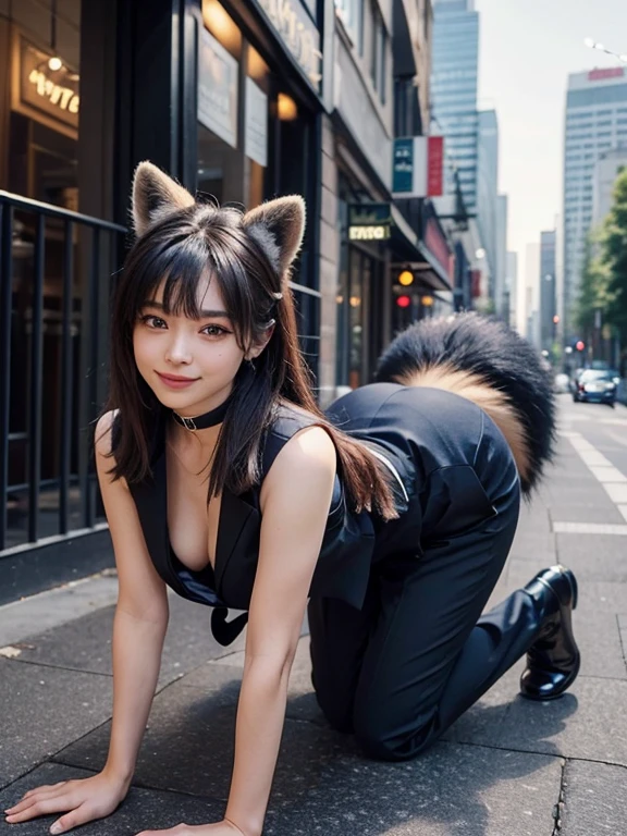 ((highest quality, 32k)), ((masterpiece)), (Get used to it), Perfect Face, Raccoon Girl, Beautiful woman, public, Has a tail, She has a fox tail, She wags her fluffy tail, smile, Dog collar, She is wearing a dress, Beautiful hip line, A tail protruding from the dress skirt, Large Breasts, Get on all fours