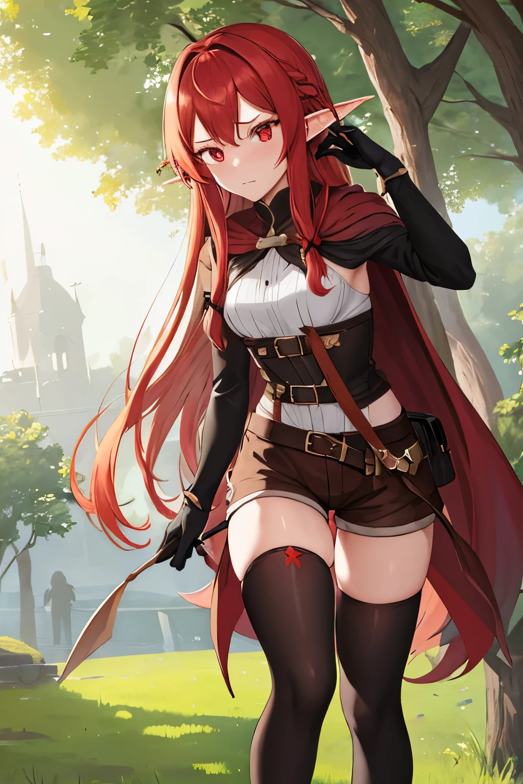 masterpiece, Best Quality, height resolution, 1girl in, elf, pointy ear, red hair, Long hair, side locks, Hair Bow, Small breasts, cloaks, Red eye color, Black Gloves, Brown shorts, thighhighs, Short shorts, Black Clothes, Belt bag, embarrassed expression (SFW)