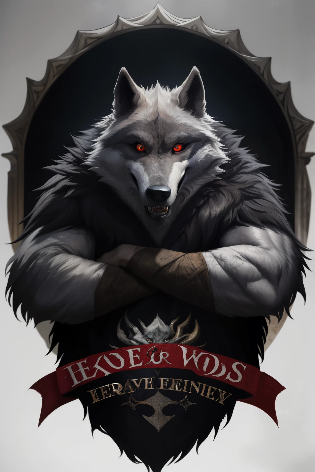 In the dimly lit recesses of the Middle Ages, the coat of arms of a lord family proudly displays an enraged black wolf with piercing red eyes. The intricately detailed emblem exudes an aura of raw power and intense anger. The wolf's shaggy coat is rendered with meticulous strokes, each individual hair bringing the beast's fierce and untamed nature to life. Its keenly focused eyes gleam with a fierce and unyielding glare, exuding an unwavering determination and fierceness. The wolf's bared fangs are sharp and menacing, poised to strike at a moment's notice. This coat of arms is