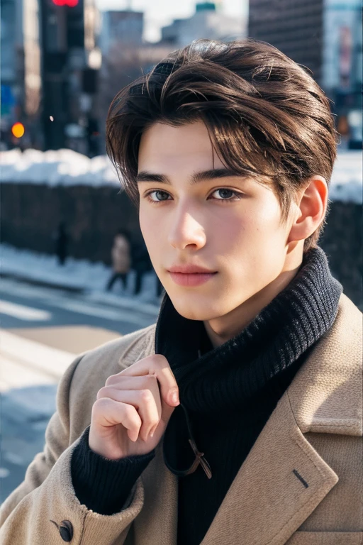 Photorealsitic, 8K full body poster, Beautiful Boys, An 18-year-old man, A charming expression, detailed face details, TOKYOcty, Winters, Shibuya in the background