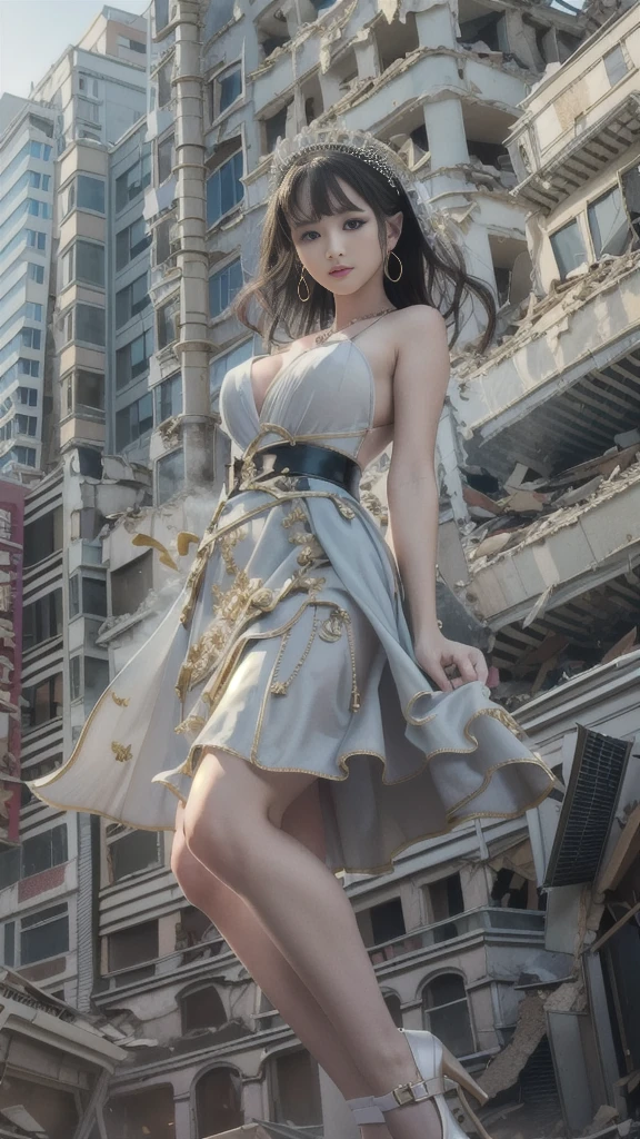(16k, High resolution, highest quality, masterpiece, 超High resolution), ((Giantess Elements, From below)), Perfect dynamic composition:1.2, (Modern city at night), Highly detailed skin and facial textures:1.2, (Towering Giant Young Woman:1.0, taller than a skyscraper:1.0, 50,000 feet high:1.0, Incredibly slim body:1.0), smile, Fair skin, Sexy beauty, Very beautiful face, (近づいてくる女性をFrom below見上げる), (Checked Skirt, Cropped jumpsuit), Shapely breasts, Chest gap, Big eyes that exude beautiful eroticism, Lips that exude beautiful eroticism, necklace, Earrings, bracelet, wedding ring, Shoulder bag, clock, ribbon, Trampling, Full body portrait, ((Destroy a small town, rubble, Destroyed small building, Collapsed highway, Cars are crushed, Evacuated residents)), (Big impact, Emphasizing the majesty and power of giants, Increase the destructive element, Making cities smaller)