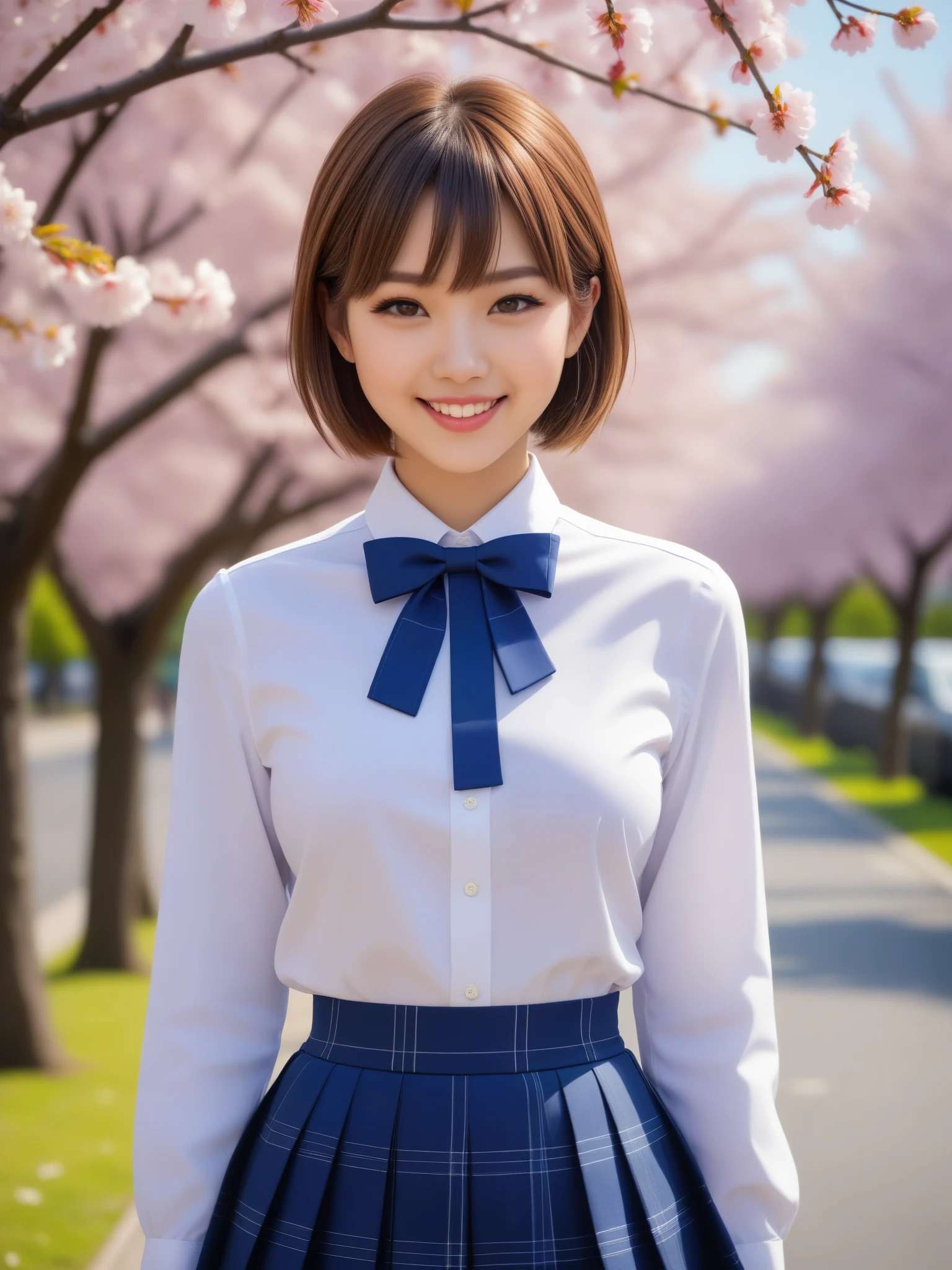 product quality, 1girl, upper body shot, front view, a Japanese young pretty girl, 18 years old, short hair, standing with a big smile on a street among cherry blossom trees, glamorous figure, busty, wearing a white collared shirt of long sleeves, dark blue plain bow tie, dark blue tartan plaid pleated skirt, a tote bag on her shoulder, hyper cute face, glossy lips, double eyelids in both eyes, natural makeup, long eyelashes, shiny smooth light brown hair, asymmetrical bangs, fair skin, central image, high resolution, high detail, detailed hairstyle, detailed face, spectacular cinematic lighting, octane rendering, vibrant, hyper realistic, perfect limbs, perfect anatomy