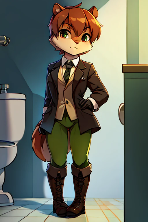 boy, squirrel, furry, bodyfur, blazer, bottomless, green tights, gloves, boots, bathroom