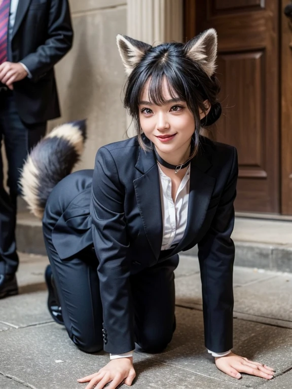 ((highest quality, 32k)), ((masterpiece)), (Get used to it), Perfect Face, Raccoon Girl, Beautiful woman, public, Has a tail, She has a fox tail, She wags her fluffy tail, smile, collar, She wears a business suit, Beautiful hip line, A tail sticking out from a business suit, Get on all fours