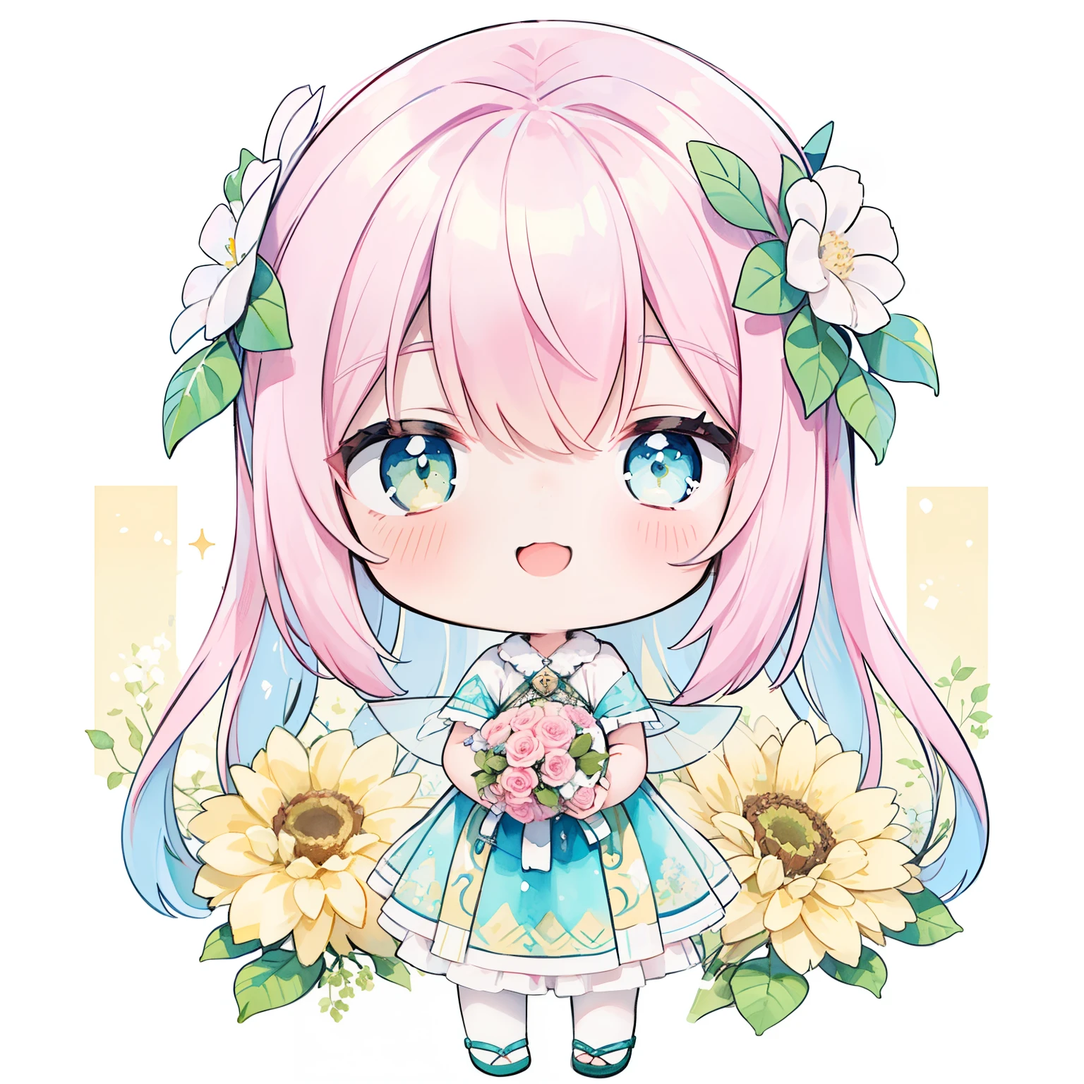 chibi:1.3,Realistic Lines、(PastelColors:1.3)、(Cute illustration:1.3)、(watercolor paiting:1.1)、
Detailed background、1girl in、Smile with open mouth、Beautifully detailed、Moya、colourfull、marble、Particles of light、patterns、
Detailed drawing、Vibrant colors、striking contrast、intricate detailes、Delicate depiction、Luminescent、full body Esbian、From the side、Beautiful facial features、Brightly colored eyes、Wearing intricate and delicate ornaments、glowing aura、Radiant hair,Illuminated by the morning light、Summer wreath on background、Pale yellow-green background、Fairy with a bouquet of flowers、Fancy Fairy、A pink-haired