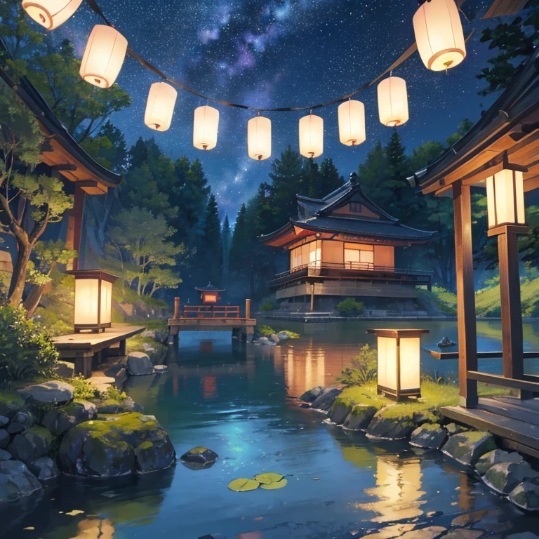 A nightscape inspired by Japanese art, with a garden lit by paper lanterns and a wooden bridge over a tranquil lake. The starry sky is reflected in the water, creating a magical environment. On the shore of the lake, there is a small Zen temple lit by candles, where people come to meditate. The leaves of the trees sway gently in the wind, creating a calm and tranquil atmosphere.