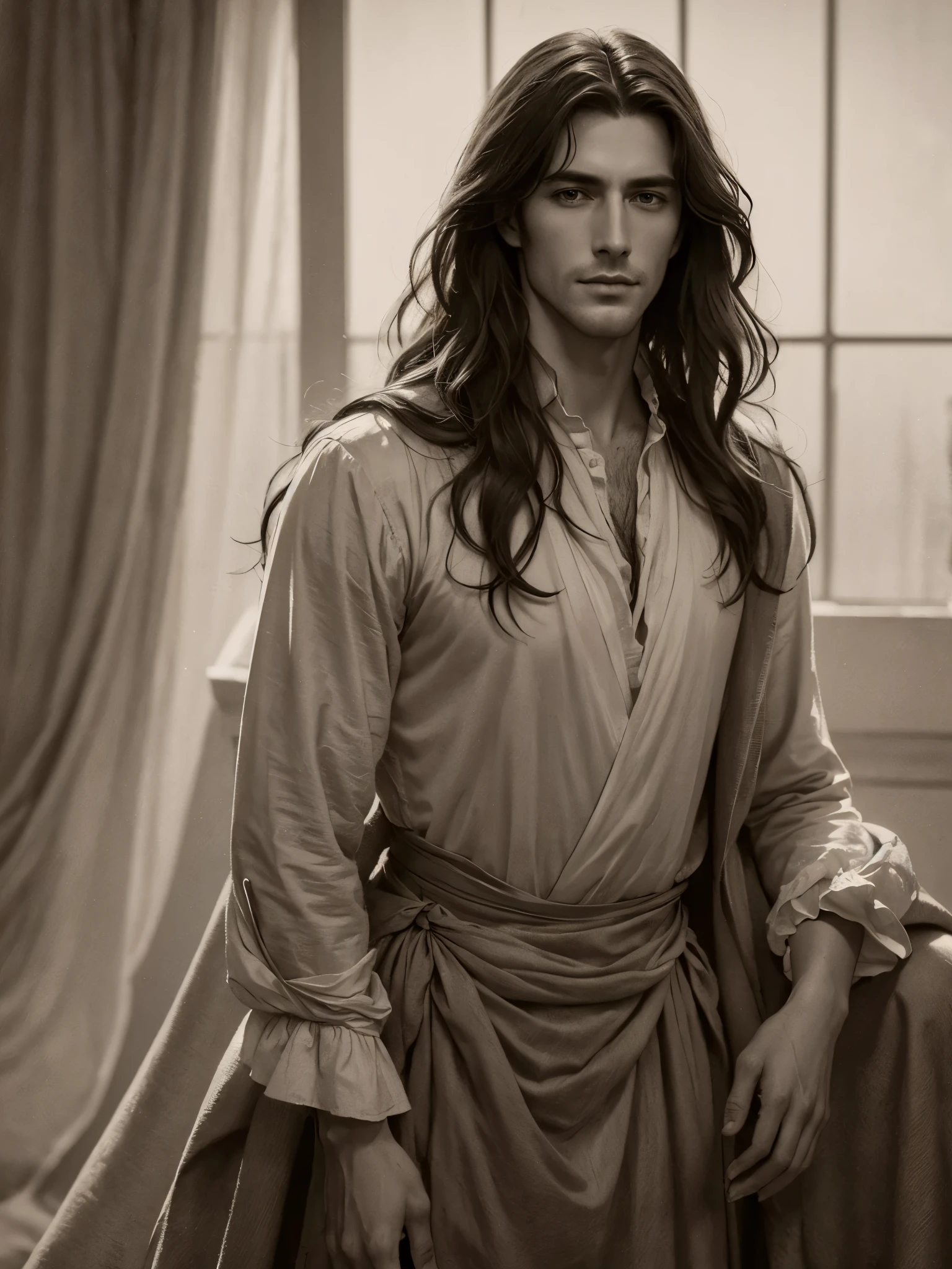 Tall dark and handsome romance novel character depicted in a detailed ink wash illustration, inspired by the Pre-Raphaelite movement, intense gaze, period costume from the 1800s, soft lighting, sepia tones, on aged parchment paper background