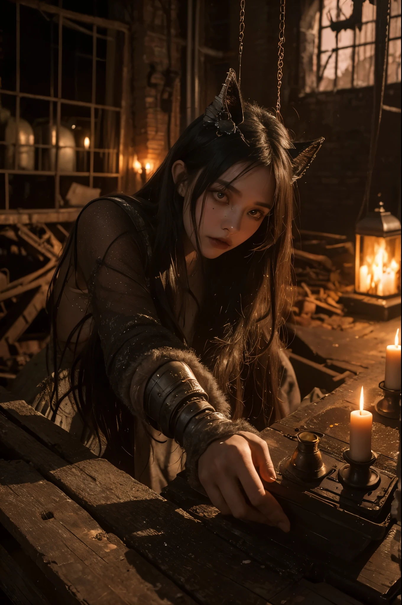realistic, photorealistic, real photo, ethereal young cat woman with long flowing hair, stunning beauty, holding hand, fist, a magical ancient city, surrounded by glowing red energy. Her delicate body is surrounded by smoke, capturing the emotional moment of her awakening to newfound powers, in dynamic pose, moody, dark theme,