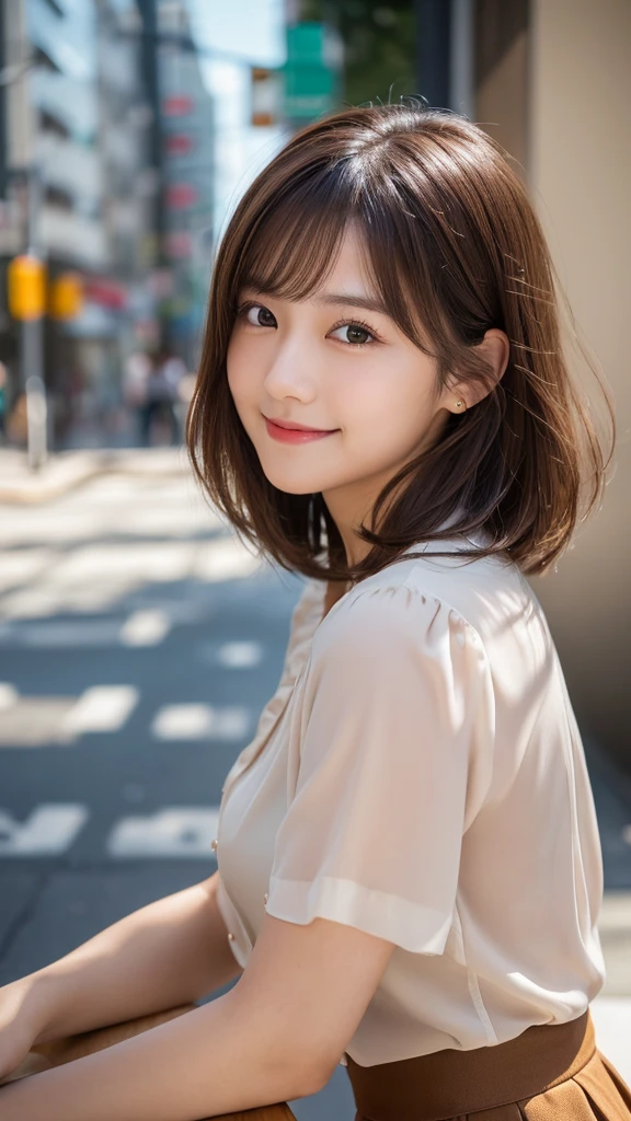 (highest quality,8K quality,masterpiece:1.3,),(超A high resolution:1.3,Photorealistic:1.4,Raw photo:1.2),(Ultra-detailed:1.2,Glowing Skin,Detailed skin:1.1),(Detailed face,Perfect Anatomy,Caustics:1.2),In the city,With a cup of coffee,,1 girl,cute,Japanese,22 years old,Japanese Ido,Natural brown hair,Curl short hair outward,cute目,Natural Makeup,blouse,skirt,Laughter,Looking at the camera,On the face,Face Focus,Professional Lighting,Natural soft light,