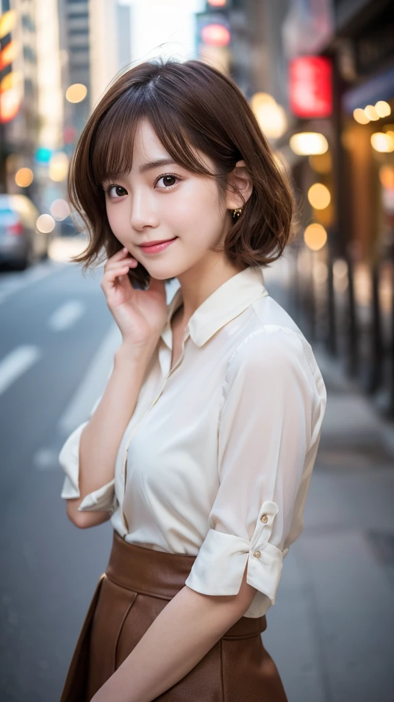 (highest quality,8K quality,masterpiece:1.3,),(超A high resolution:1.3,Photorealistic:1.4,Raw photo:1.2),(Ultra-detailed:1.2,Glowing Skin,Detailed skin:1.1),(Detailed face,Perfect Anatomy,Caustics:1.2),In the city,With a cup of coffee,,1 girl,cute,Japanese,22 years old,Japanese Ido,Natural brown hair,Curl short hair outward,cute目,Natural Makeup,blouse,skirt,Laughter,Looking at the camera,On the face,Face Focus,Professional Lighting,Natural soft light,