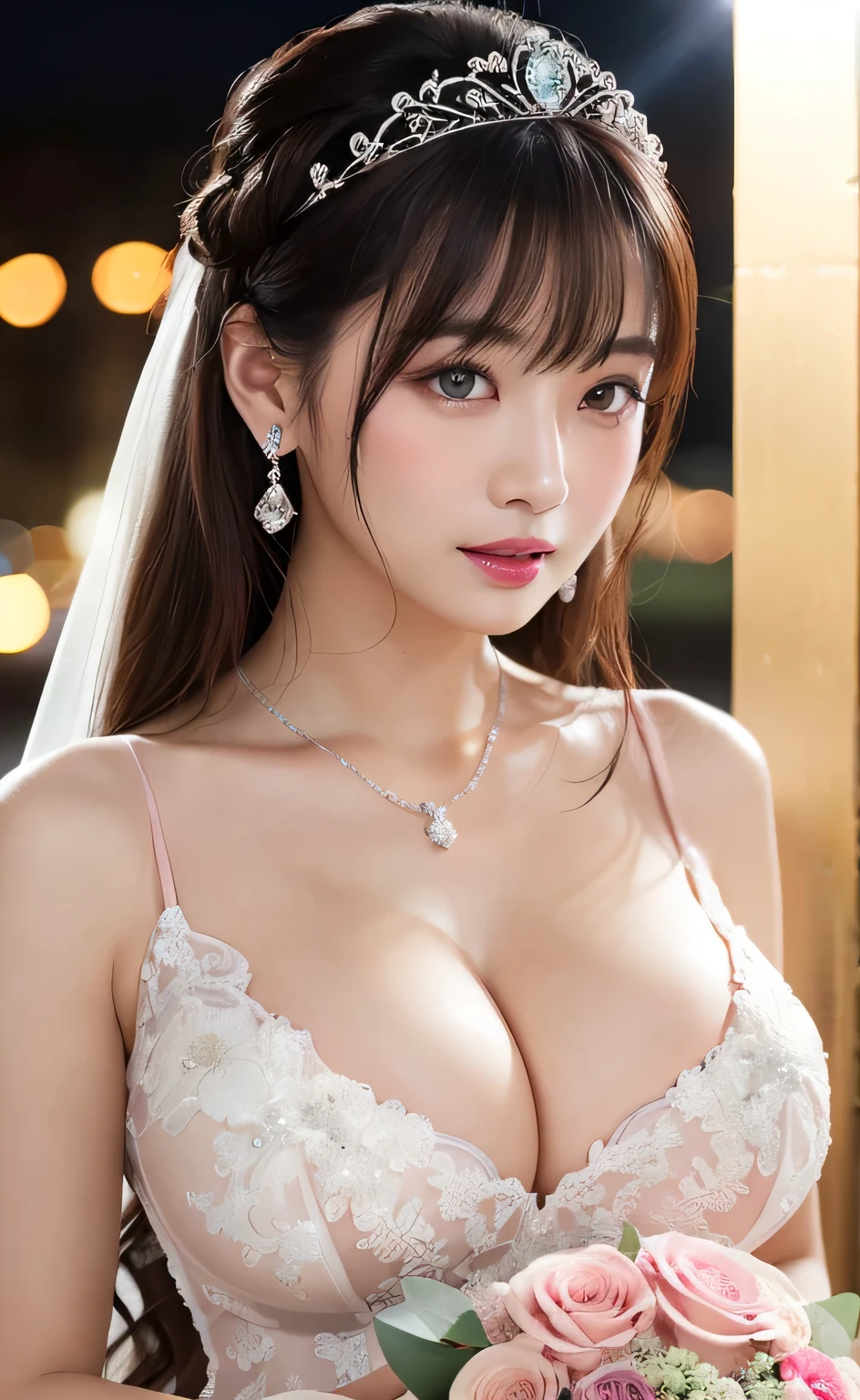 、((Adiline))、Random posture、(Very delicate and beautiful work)、(Masterpiece)、1 girl、Very detailed elegant wedding dresses、tiara、Very detailed、Distorted ponytail、Attractive appearance、Beautifully clear eyes、Green Eyes、Delicate necklace、Delicate earrings、Simple blur background、Extremely detailed、beautifully、attractive、Ultra-fine painting、Delicate face、Delicate body type、Thin clavicle、beautiful repix 4、(8k、Raw photo、highest quality、Masterpiece:1.2)、(Genuine、Photorealistic:1.37)、1 daughter、cute、Cityscape、night、I々train、Wet、Professional Lighting、Photon Mapping、Radio City、Physically Based Rendering、Above the waist、big 、valley、Use your arms to lift your chest、(Wedding Bouquet:1.4)、BREAK (Pink Lips、plump lower lip:1.4)、(:1.8)、(Black Hair、Blunt bangs, Long Hair, , The forehead is hidden by the bangs:1.2)、(Facing forward:1.4)