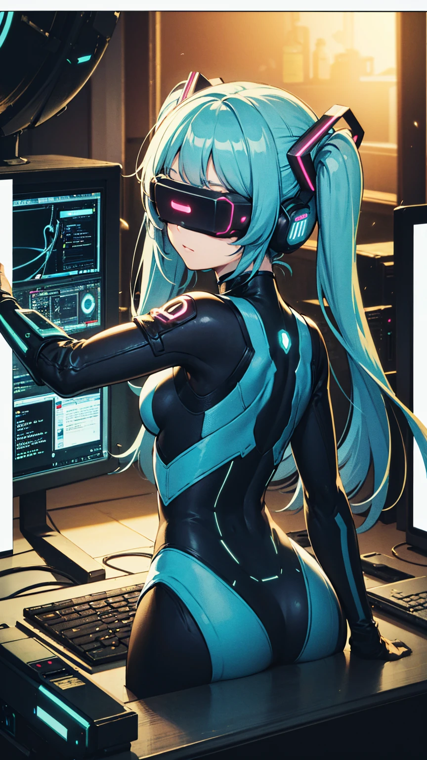 ((highest quality)), ((masterpiece)), (Very detailed:1.3), 2D illustration, beautiful (cyber punk:1.3) Hatsune Miku VOCALOID, Twin tails, Light blue hair, Back to viewers, Operating a computer terminal, (Head-mounted display):1.5, Computer Server, LCD Screen, Fiber Optic Cable, Company logo, High resolution (High Dynamic Range), Ray Tracing, NVIDIA, Super Resolution, Unreal 5, Scattered under the surface, PBR Textures, Post-processing, Anisotropic Filtering, Depth of written border, Maximum sharpness and sharpness, Multilayer Texture, Albedo and Highlight Maps, Surface Shading, Accurate simulation of light-matter interactions, Perfect Proportions, Octane Rendering, Duotone Lighting, Low ISO, White balance, Three-part method, wide aperture, 8,000 students, Efficient Subpixel, subpixel convolution, Luminous Particles, Dynamic pose