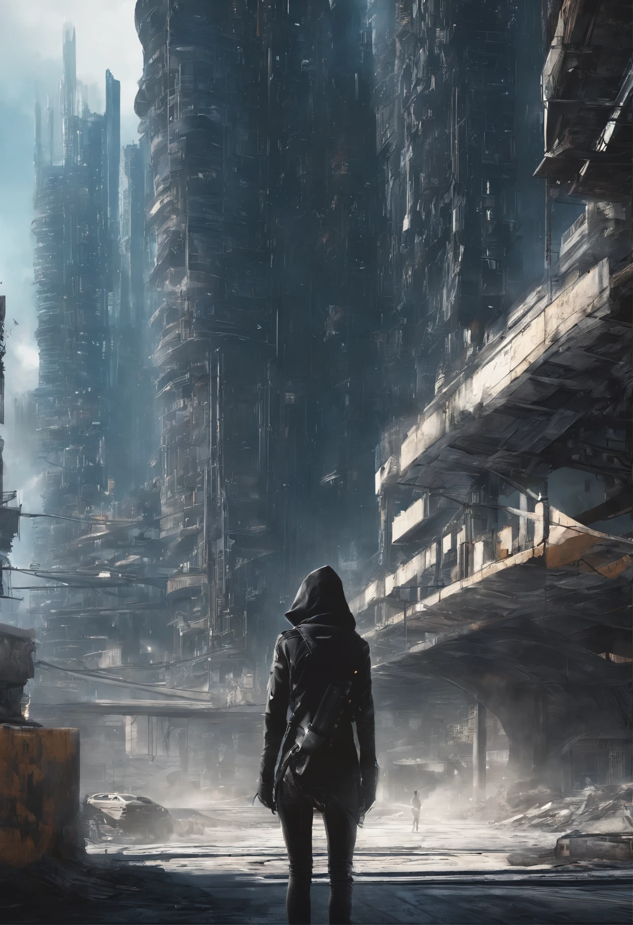 image taken from behind the shoulder of a GIRL with her back turned and DRESSED IN A HOOD from a second floor balcony of a dilapidated futuristic building, She is looking at an aerial view of an ultra-futuristic North American megalopolis, distopia, Dilapidated buildings, apocalypse moderno, view of the entire city with many metal buildings and houses in dark colors from dark blue to black and in ruins, the apocalyptic city has shades of metal gray, has smoky metal structures , apocalyptic industrial environment with smoke and fog around, carros escuros nas ruas, viadutos largos e longos e bifurcados no meio da cidade, desert megalopolis, trilhos e trens modernos de de metal passando estre as ruas da cidade, tall futuristic metal buildings, many ultra modern buildings around, , as realistic as possible, As detailed as possible, imagem realista, Science fiction
