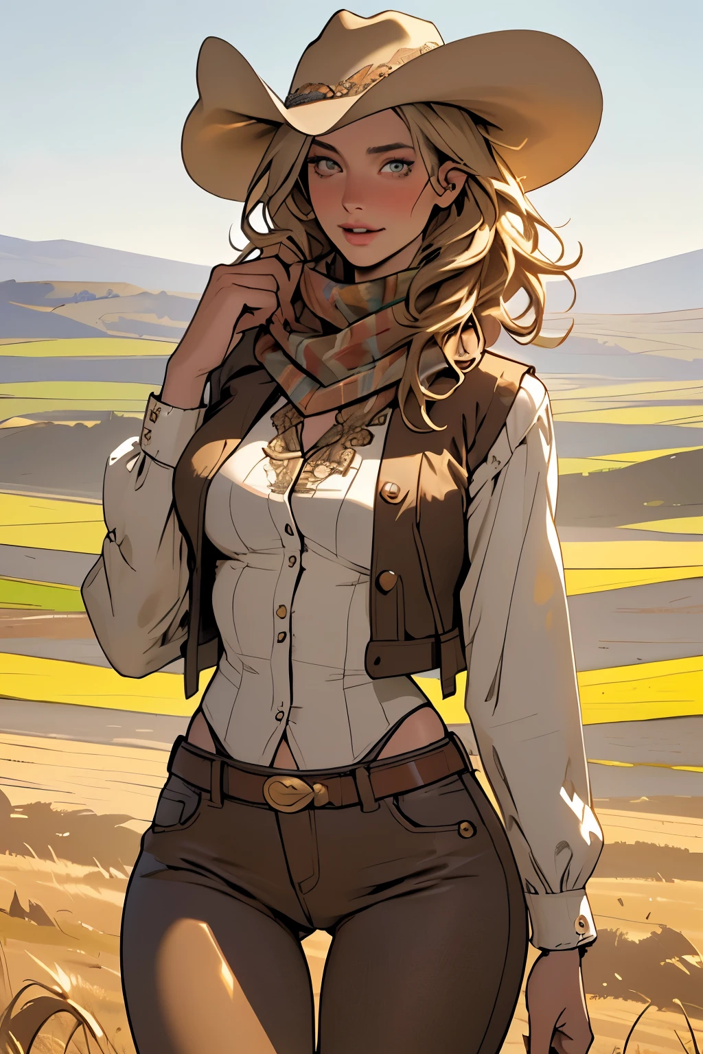 (highest quality, Super detailed, realistic:1.37), outdoor, girl, beautiful face, detailed and beautiful eyes, beautiful detailed lips, cowboy hat, vest with fringes, slim waist, slender thighs, thigh gap, slim thighs, show belly, pants, scarf, With confidence, medium chest, dusty farm landscape, golden hour lighting