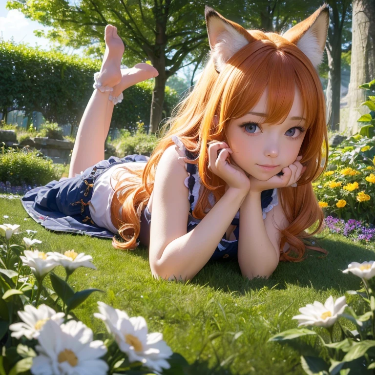 (best quality,4k,8k,highres,masterpiece:1.2),ultra-detailed,(realistic,photorealistic,photo-realistic:1.37),cute,solo girl with orange long wavy hair,blue eyes,fox ears,fluffy fox tail,summer time in Japan,beautiful garden scenery,lush greenery,colorful