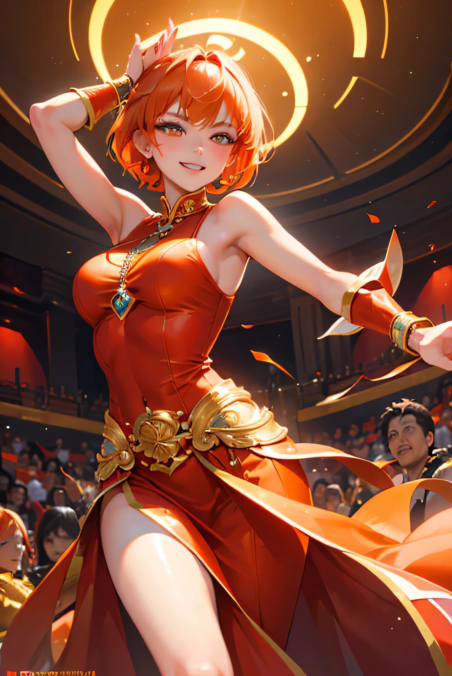 masterpiece, highest quality, so beautiful、Latest、girl, Orange Hair, short hair, Golden Eyes, Rebellious grin、Asian Fantasy Red Costume、Bollywood、Bold Pose、Spread your hands、dance、Decoration、sing、Red outfit、Gorgeous and luxurious、gorgeous、party、Intense Dance
