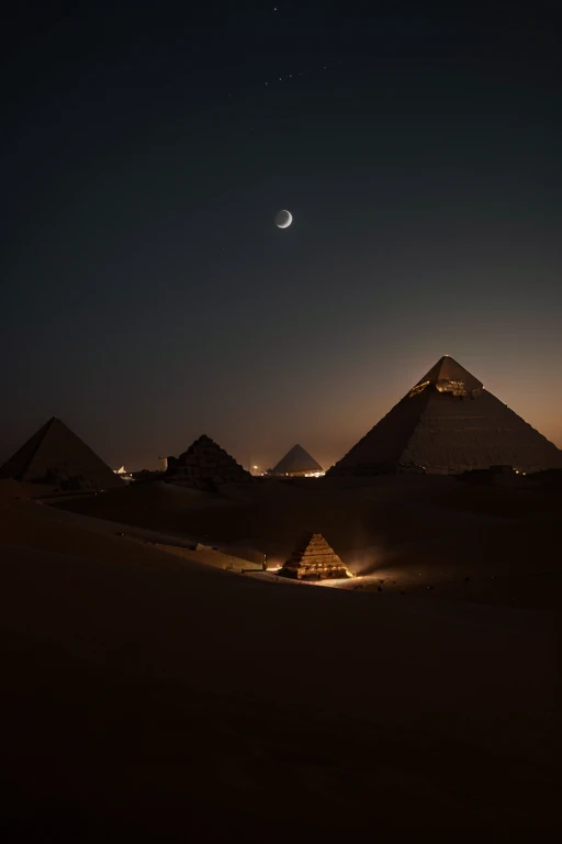 an Egypt-themed propaganda poster, at night, with pyramids in the background with a tone of mystery and obscurity, gray tones in the sky and shadowed pyramids, cinematic lighting, retina, UHD