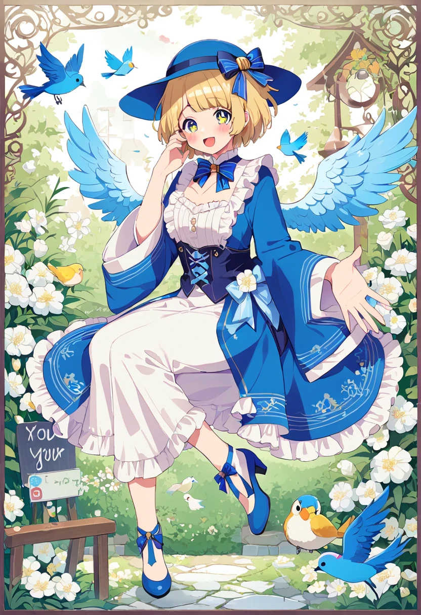 Uekura, 1 girl, Blonde, Well-kept garden background, have, dress, Blue footwear, wing, Simple Background, sign, flower, Manicure, Wide sleeves, Long sleeve, blush, animal, white flower, alone, whole body, bird, Looking at the audience, High heels, Put your hand on your cheek, Put your hands on your face, Frills, bow, bangs, ribbon, Bell, Blue hat, +_+, shoes下, short hair, Grey Eyes, shoes, Blue Claws, feathered wing, blue bow