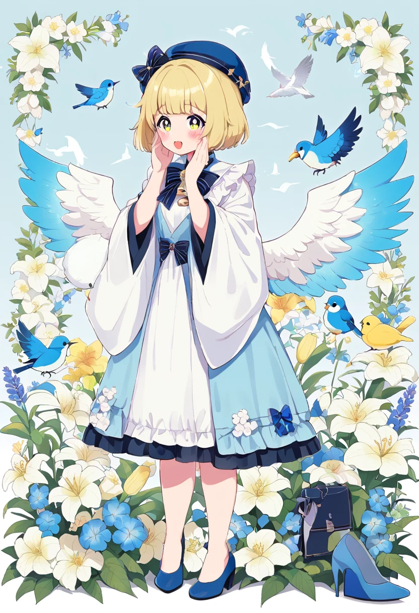 Uekura, 1 girl, Blonde, Well-kept garden background, have, dress, Blue footwear, wing, Simple Background, sign, flower, Manicure, Wide sleeves, Long sleeve, blush, animal, white flower, alone, whole body, bird, Looking at the audience, High heels, Put your hand on your cheek, Put your hands on your face, Frills, bow, bangs, ribbon, Bell, Blue hat, +_+, shoes下, short hair, Grey Eyes, shoes, Blue Claws, feathered wing, blue bow